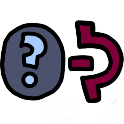 a dark blue-grey oval face with a question mark on it. to the right is a dark magenta glyph, showing a vertical lin with a divot, a horizontal line going into the divot.